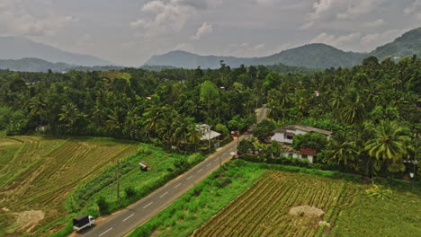 Matale-Sri-Lanka-Aerial-v4-cinematic-drone-flyover-vast-ploughed-farmlands-along-AB26-road-capturing-residential-suburbs-and-hillside-mountain-landscape---Shot-with-Mavic-3-Cine---April-2023