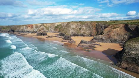 Scenic-Views-of-Bedruthan-Steps-from-an-Aerial-Drone-Viewing-the-Cliffs-and-Beach