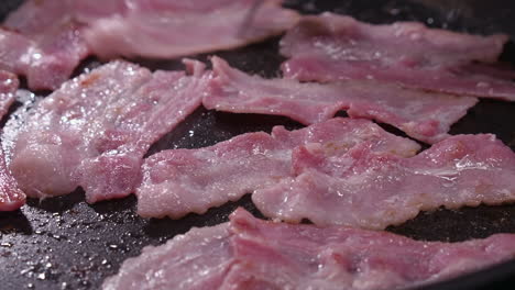 Close-up-view-of-bacon-cooking-in-frying-pan-as-it-heats-up-on-stove