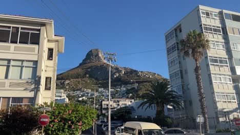 Lions-Head-Mountain-seen-from-the-streets-of-Cape-Town,-South-Africa,-POV,