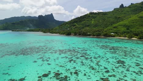 Drone-Fpv-Volando-Sobre-Arrecifes-De-Coral-En-Moorea,-Polinesia-Francesa-Con-Montañas-Al-Fondo