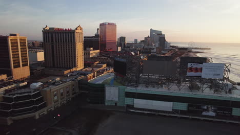 Drone-flying-towards-Ballys-Casino-in-Atlantic-City-at-dawn