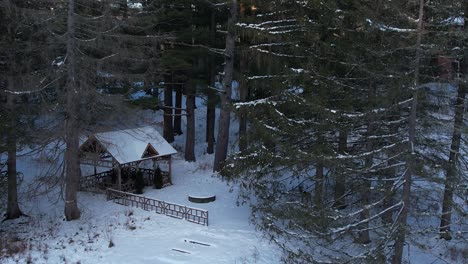 Pair-of-deer-running-down-a-snow-covered-trail-among-evergreen-trees-and-snow-covered-roof-of-gazebo