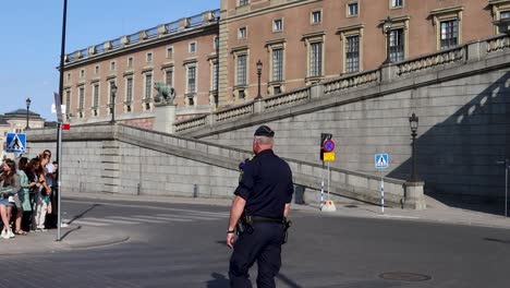 Schwedischer-Polizist-Steht-Wache-Vor-Königlicher-Veranstaltung-Im-Stockholmer-Schloss,-Klarer-Tag