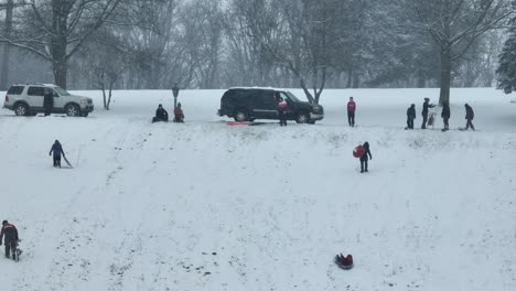 Menschen-Und-Autos-Auf-Einem-Schneebedeckten-Hang-Mit-Bäumen,-Rodeln-In-Einem-Park