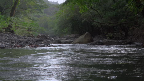 Gentle-river-flowing-through-lush-greenery-in-Cajones-de-Chame,-Panama,-serene-nature-scene