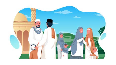 Menschen-Begrüßen-Sich-Gegenseitig-Am-Eid-Mubarak,-2D-Flachanimation-4k