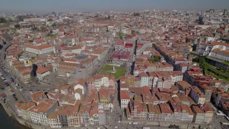 Aerial-dolly-shot-of-a-stunning-panorama-of-the-Porto-Old-Town-over-the-Douro-River