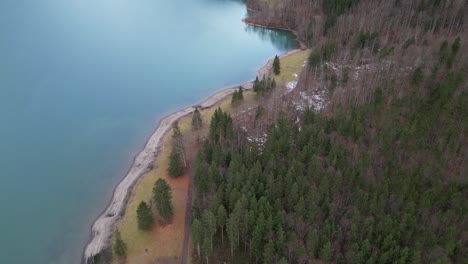 Klöntalersee-Switzerland-Glarus-lakefront-aerial-showing-forest-and-water-beauty