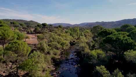 Sierra-De-Andujar-Landschaft-Und-Fluss-Jandula-Andalusien-Spanien-Drohne-Vertikale-Enthüllung