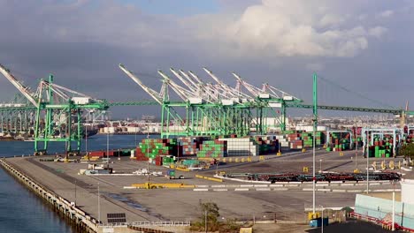 Aerial-view-of-storage-and-distribution-facilities-of-colorful-containers-in-Los-Angeles-Bay,-CA,-USA