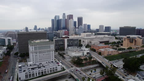 Downtown-Los-Angeles-USA,-Aerial-View-of-Financial-District,-County-Courts-and-Administrative-Buildings,-US-101-Interstate-Highway-Traffic