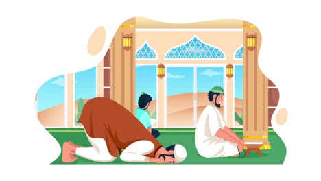 Muslime-Beten-In-Namaz,-Ruku,-Sajdah,-2D-Flachanimation-4k