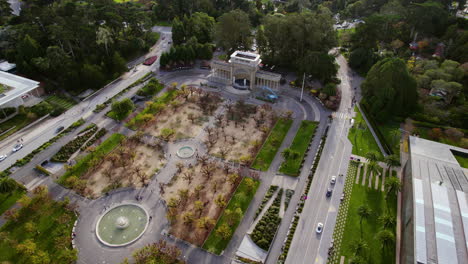 Aerial-View-of-Golden-Gate-Park-Bandshell-and-Garden-in-San-Francisco-California-USA,-Drone-Shot