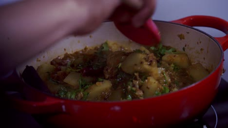 Usando-Una-Cuchara-De-Silicona-Para-Revolver-El-Curry-De-Papaya-En-Una-Olla-De-Hierro-Fundido-Papaya-Fresca-Orgánica-Verde-Y-Amarilla-Madura