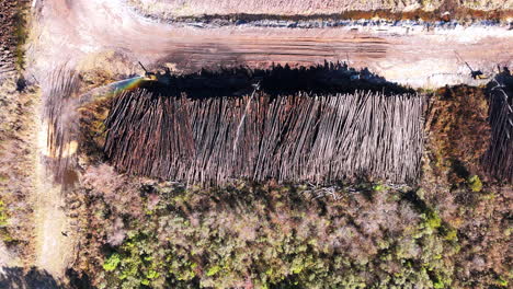 Top-down-aerial-footage-of-a-water-sprinkler-over-a-large-pile-of-logs-at-a-paper-making-plant