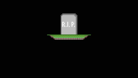 A-humorous-pixel-art-animation:-a-tombstone-plummeting-from-the-sky-onto-a-grave,-a-patch-of-dirt-adorned-with-grass