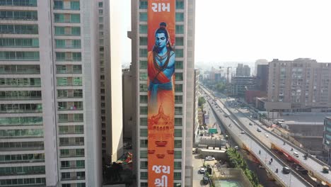 Rajkot-aerial-drone-view-close-up-shot-Banner-of-Jai-Shri-Ram-is-visible-on-the-big-building