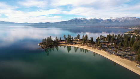 Sand-Harbor,-Lake-Tahoe-Nevada-USA,-Aerial-View-of-Scenic-Landscape,-Beach-and-Calm-Water