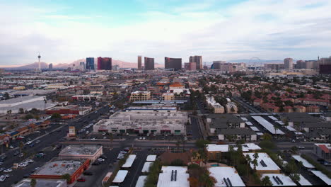 Las-Vegas-NV-USA,-Panoramic-Drone-Shot-of-Cityscape,-Strip-Buildings-View-From-West-Residential-Suburbs