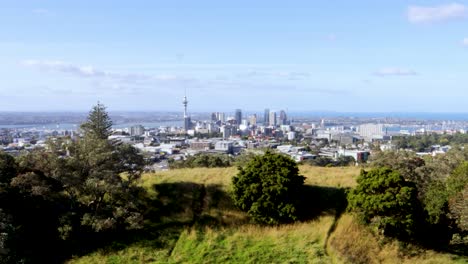 Toma-Amplia-Y-Manual-Del-Horizonte-De-Auckland,-Nueva-Zelanda,-Tomada-Desde-El-Volcán-Monte-Edén,-Con-Varios-árboles-Y-Vegetación-A-La-Vista-En-Un-Día-Claro-Y-Soleado.