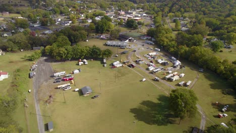 Aerial-orbit-shot-over-a-small-American-town-Lynchburg,-Tennesee-during-BBQ-championships