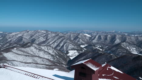 Scenic-Snow-capped-Mountain-Range-in-Daegwallyeong-myeon,-Pyeongchang-gun,-Gangwon-do,-South-Korea--Pan-View-From-Balwangsan-Skywalk