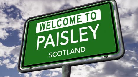 Bienvenido-A-Paisley,-Escocia,-Señal-De-Tráfico-De-La-Ciudad-Del-Reino-Unido,-Animación-Realista-En-3D