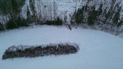 Schneebedeckte-Felder-Mit-Umgestürzten-Bäumen,-Die-Zu-Einem-Haufen-Aufgetürmt-Sind