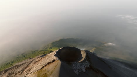 Aerial-view-of-active-Fuego-volcano-crater-during-sunrise