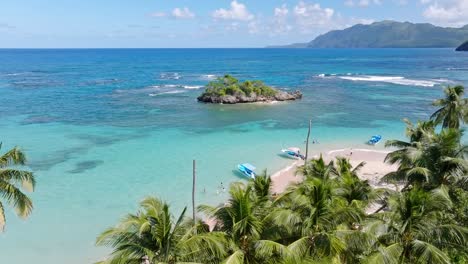 Scenic-aerial-over-palm-tree-canopy-of-tropical-azure-Caribbean,-Ermitanos-beach