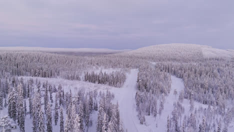 Luftaufnahme-Entlang-Einer-Verschneiten-Straße-Inmitten-Eines-Winterlichen-Waldes-Und-Der-Hügel-Lapplands