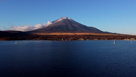 Mount-Fuji-stands-majestic-by-the-lake-under-clear-blue-skies,-calm-waters-at-its-base