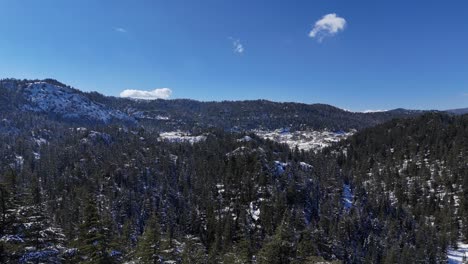 Drone-view-winter-nature,-aerial-view-with-frozen-river,-trees-covered-with-white-snow