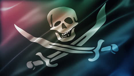 Piratenflagge-Von-Jack-Rackham,-Perspektivische-Ansicht,-Hoher-Winkel,-Glänzend,-Elegante-Seidige-Textur,-Weht-Im-Wind,-Filmähnliche-Optik,-Realistische-4K-CG-Animation,-Flatternd-In-Zeitlupe,-Nahtlos-Schleifenfähig