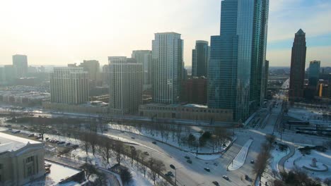 Aerial-drone-footage-of-Chicago-downtown-near-lake-Michigan-during-sub-zero-temperatures-in-the-winter-time