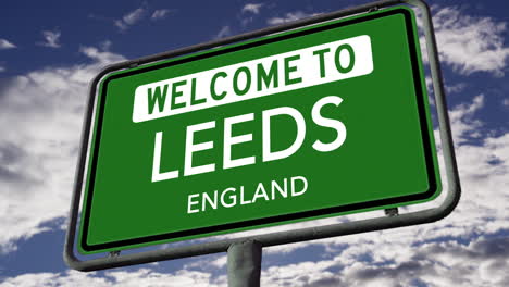 Welcome-to-Leeds,-England,-UK-City-Road-Sign,-Realistic-3D-Animation
