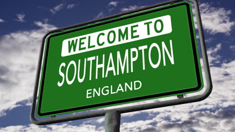 Welcome-to-Southampton,-England,-UK-City-Road-Sign,-Realistic-3D-Animation