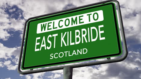 Willkommen-In-East-Kilbride,-Schottland,-Großbritannien,-Stadtstraßenschild,-Realistische-3D-Animation