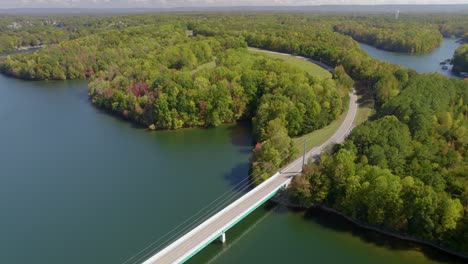 Aerial-orbit-over-Tim's-Ford-Lake,-TN-in-early-autumn