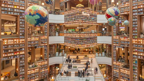 Starfield-Suwon-Library---time-lapse-of-people-walking-studding-taking-pictures-inside-modern-shopping-mall-in-South-Korea