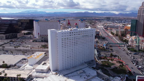 Las-Vegas-USA,-Drone-Shot-of-Tropicana-Hotel-Casino-Resort-Before-Demolition-For-MLB-Ballpark,-Historic-Building-on-Strip