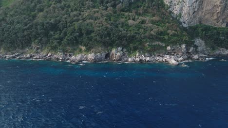 Coastline-of-Capri,-Italy-with-lush-greenery-and-rocky-cliffs-over-azure-sea,-daylight