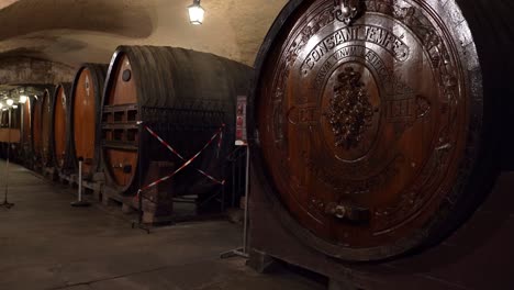 Under-the-age-old-vault,-the-gallery-of-barrels-is-made-up-of-more-than-fifty-large-wooden-vats-in-Cave-Historique-des-Hospices-de-Strasbourg