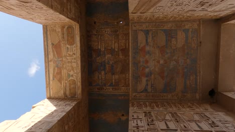 Ancient-painted-ceilling-from-Medinet-habu-Tempte-in-Luxor,-Low-angle-view