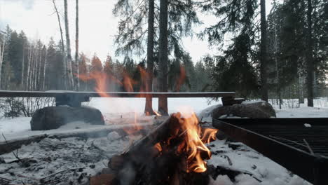 Orangefarbene-Flammen-Eines-Winterlagerfeuers-In-Der-Mitte-Des-Rahmens,-Nördlicher-Wald