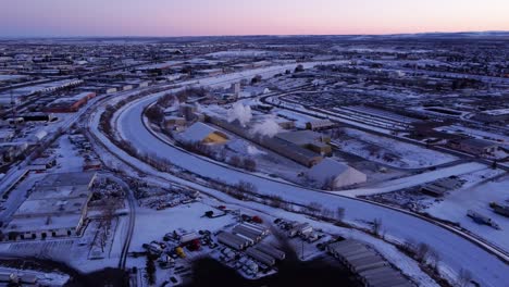 Aerial-shot-of-the-industrial-area-in-Calgary,-Alberta,-during-winter