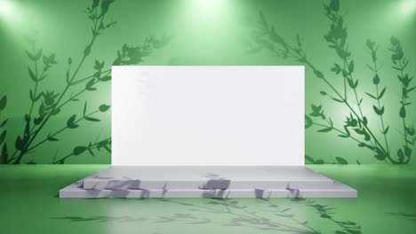 Banner-Modell-Mit-Weißem-Bildschirm-Auf-Dem-Podium-Und-Schatten-Von-Zweigen-Mit-Grün-Gefärbtem-Hintergrund