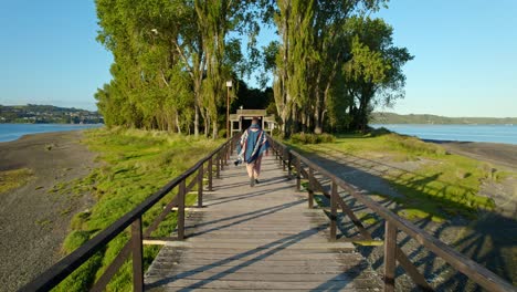 Dolly-in-tracking-a-young-man-in-typical-Chilean-blue-poncho-walking-on-the-wooden-bridge-to-Aucar-Island,-Quemchi-Chiloe,-seagull-passing-overhead