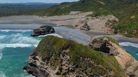 Aerial-view-around-dunes-on-the-Coast-zone-of-Tepuhueico-Park,-in-Chiloe,-Chile